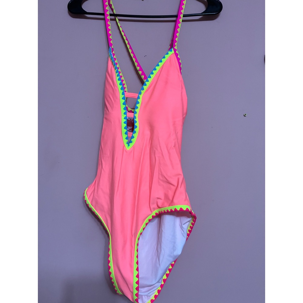 Popvil Womens Neon Pink One Piece Swimsuit Scalloped Trim Strappy Back Medium